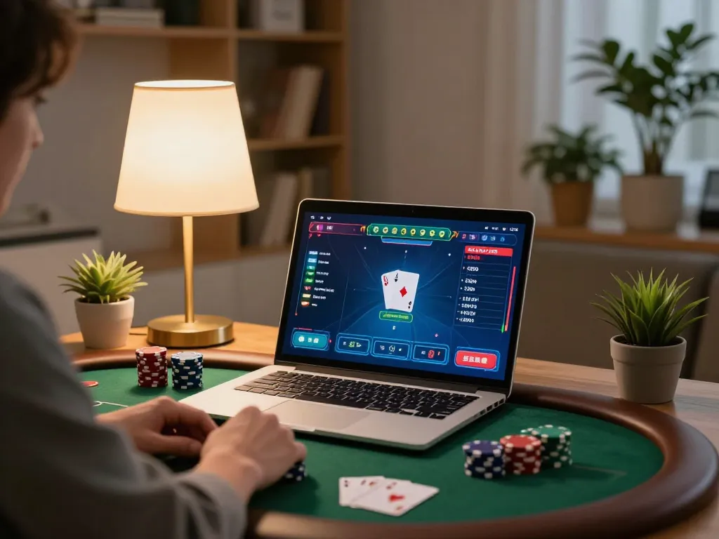 F8BET player engaging in online poker at home with focused strategy.