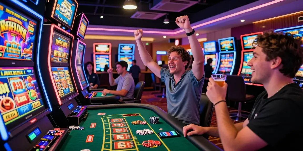 Player celebrating a win at the best new online casinos, surrounded by vibrant slot machines and cheering friends.