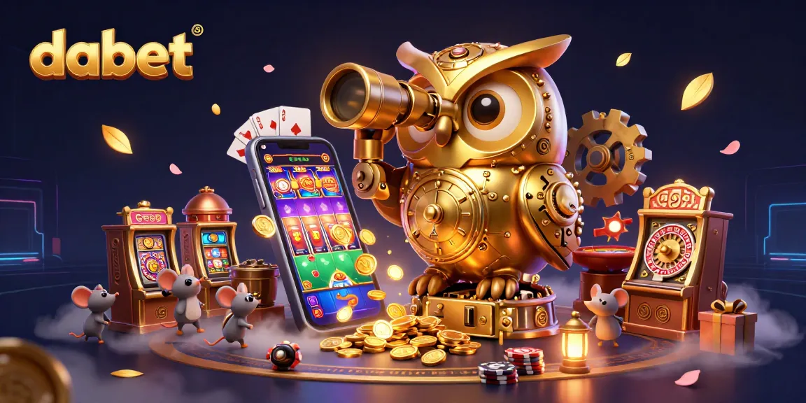 dabet inspires big wins with a golden owl overseeing a vibrant casino scene filled with slots and poker.