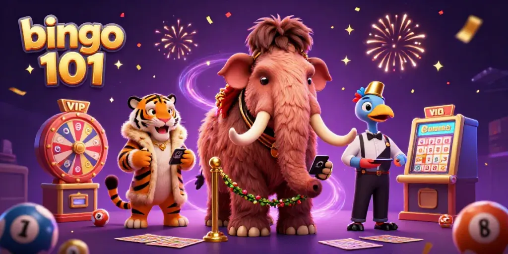 Experience bingo 101 with vibrant characters, exciting bingo elements, and festive energy in this detailed illustration.