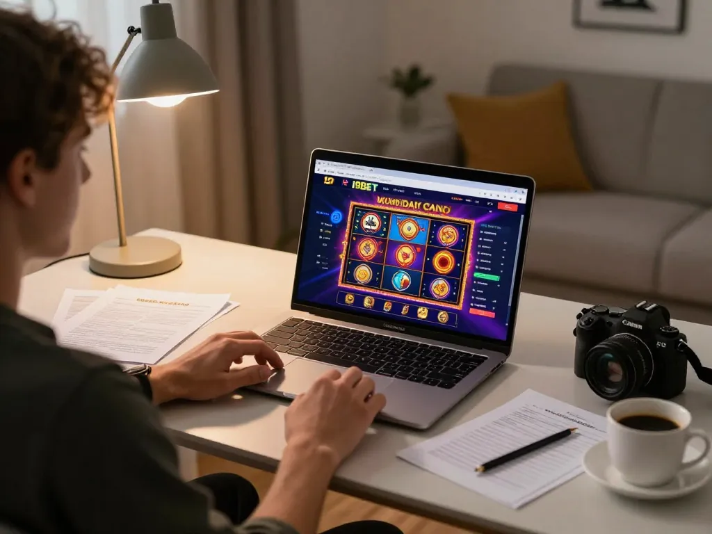 Engaged player exploring i9BET's exciting slot games on a laptop while tracking their strategy notes.