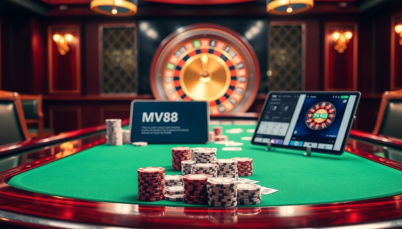 Experience the excitement of mv88 gaming at a luxurious poker table with vibrant details and a roulette wheel in view.