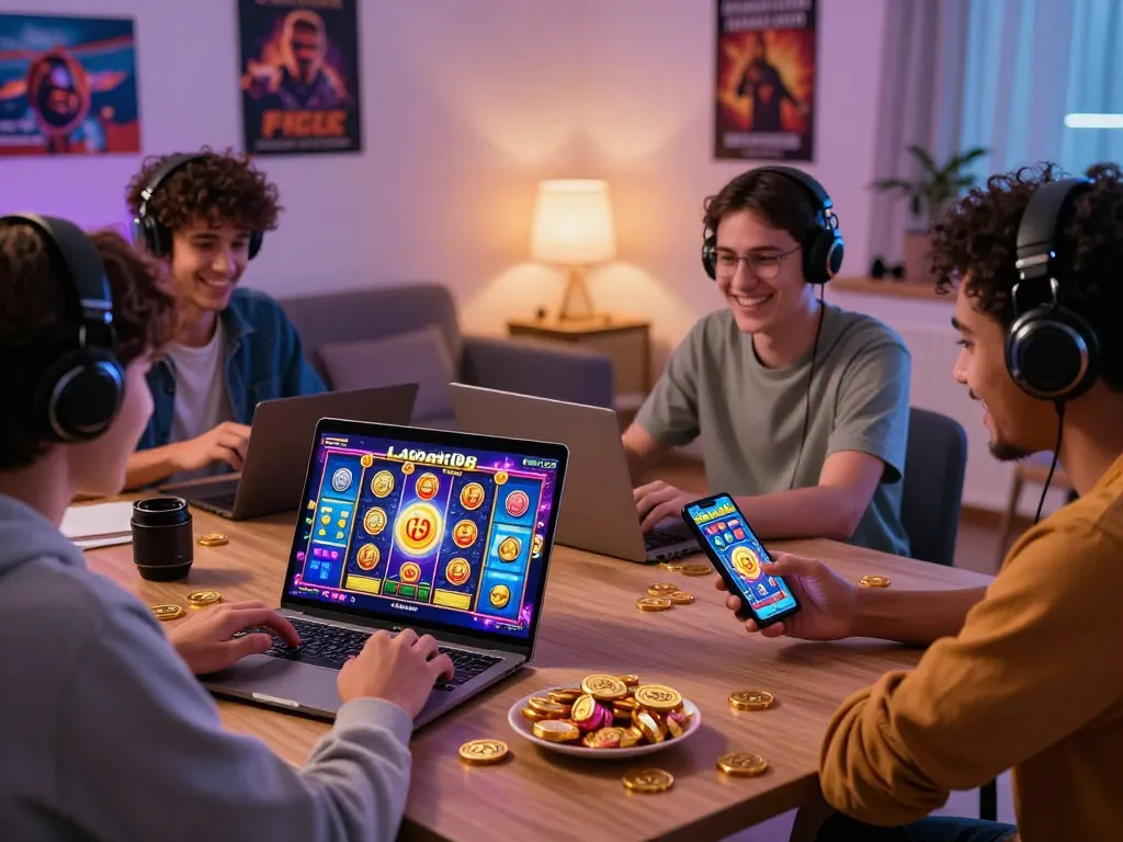 Pemain menikmati slot online laoban188 di ruang tamu yang nyaman dengan grafik berwarna-warni dan suasana yang menyenangkan.