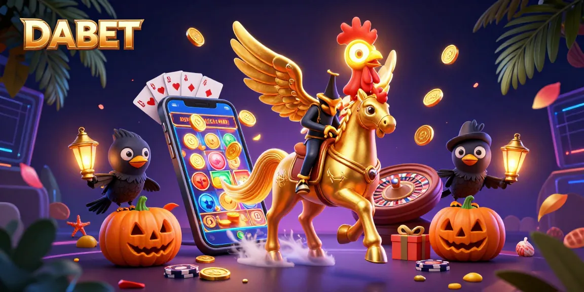 DABET showcases dynamic casino excitement with a golden rooster hero amidst vibrant gaming elements.