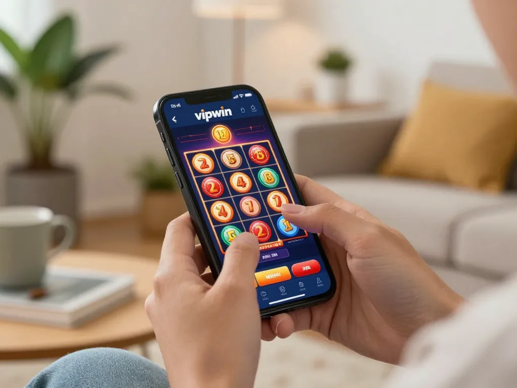 Engaging player using the vipwin smartphone app for a thrilling slot game experience at home.