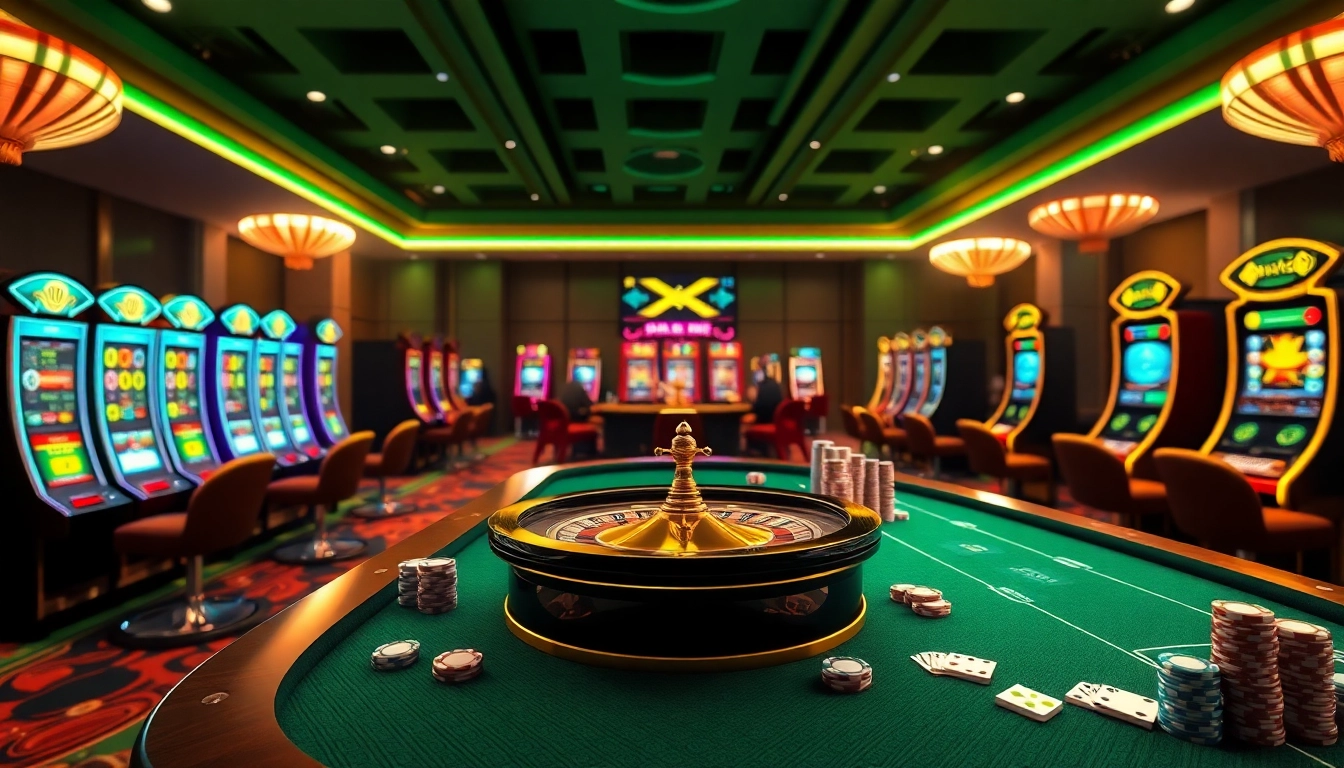 Engaging online gambling scene showcasing Nhà Cái XIN88 with a roulette table, slot machines, and poker chips.