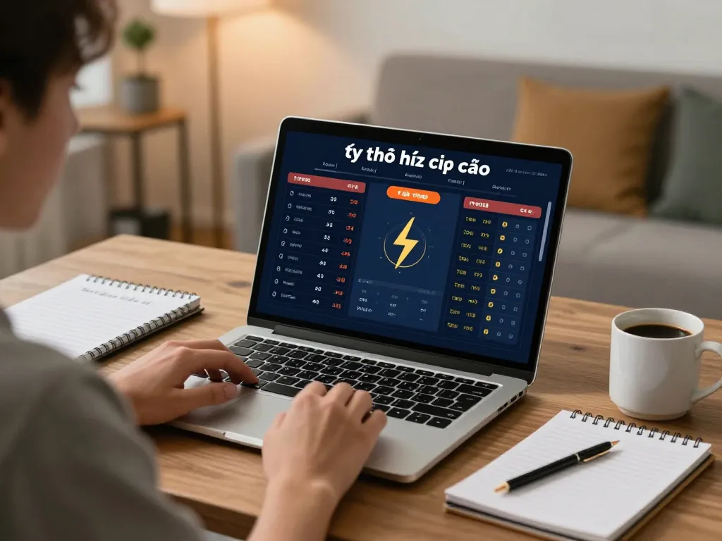 Engaging online sports betting scene showcasing tỷ lệ nhà cái with active analysis on laptop
