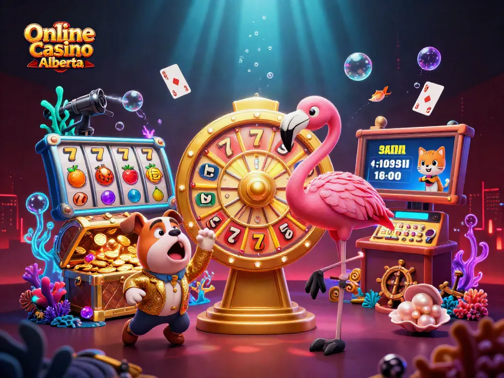Experience the thrill of Online Casino Alberta with this vibrant game show scene featuring exciting prizes.