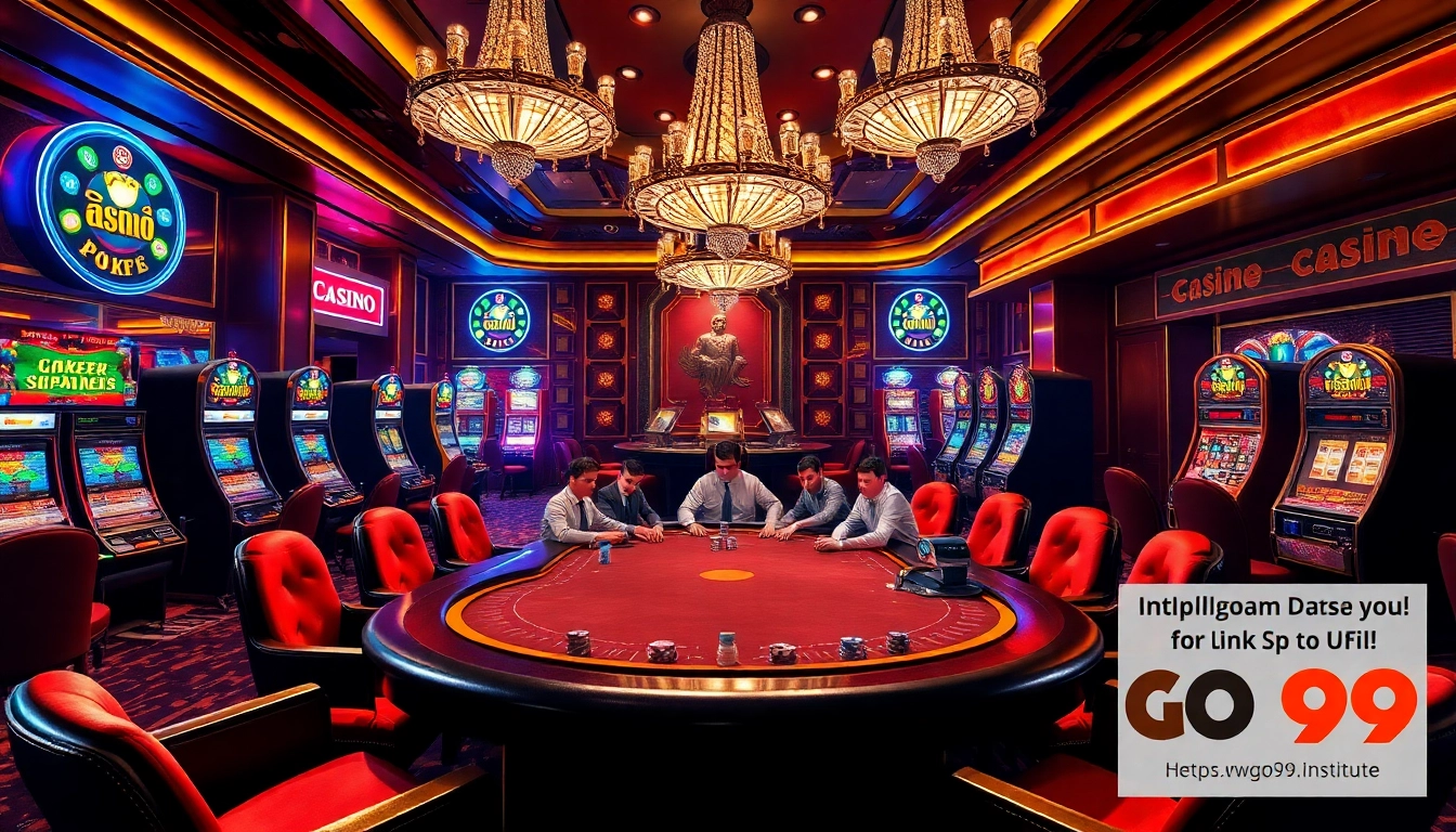 Exciting gambling scene at a poker table showcasing https://go99.institute/ with vibrant slot machines and roulette.