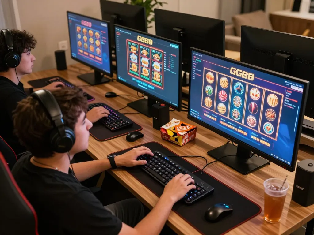 Engaging in online gambling at GG88, showcasing an immersive game setup with multiple screens.