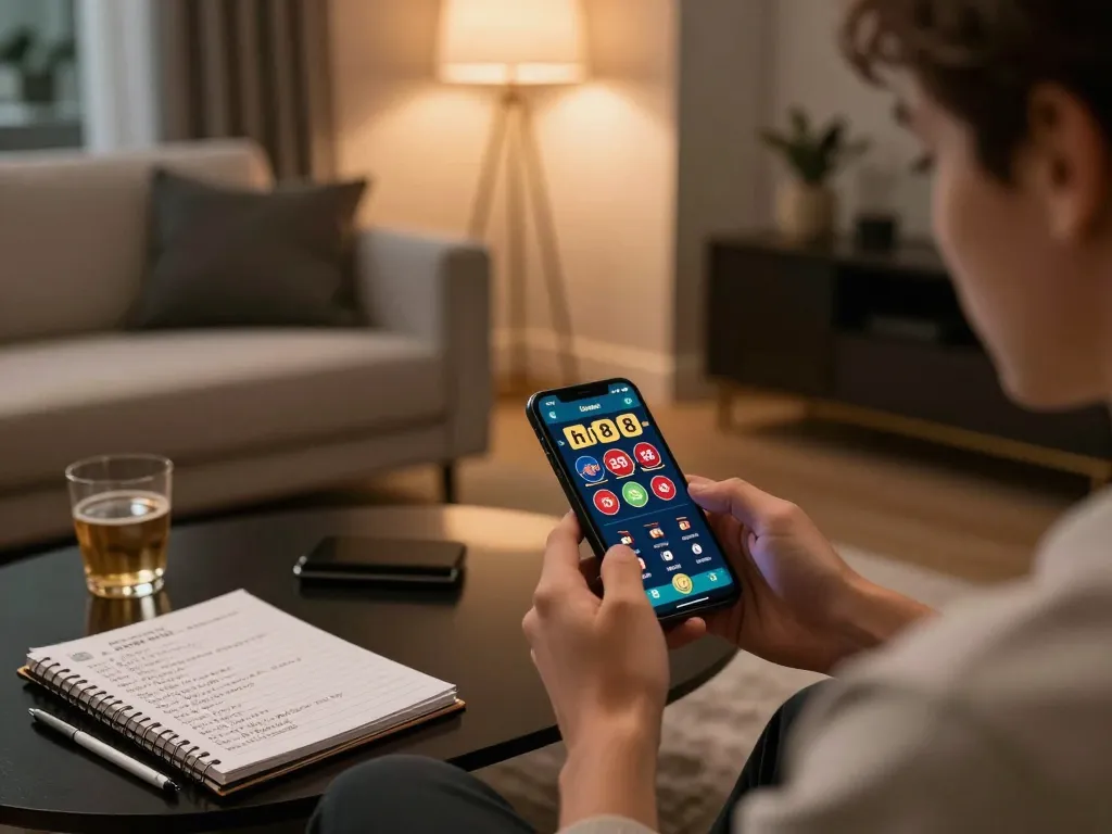 hi88 user engaging in mobile gambling on a smartphone, showcasing a cozy home environment