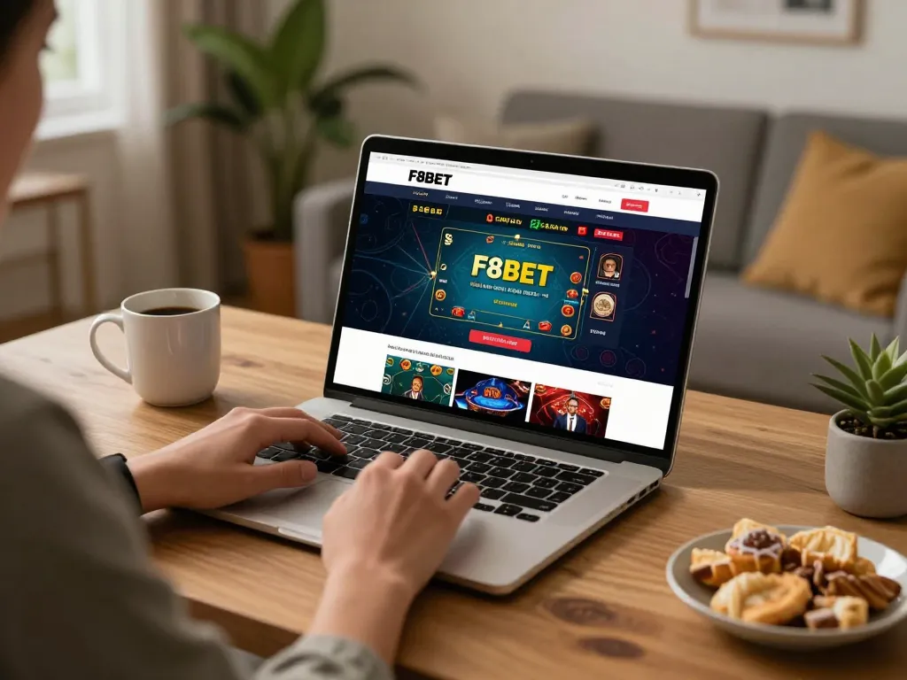 Engaging with F8BET online casino on a laptop, showcasing live dealer gameplay and a cozy home setup.