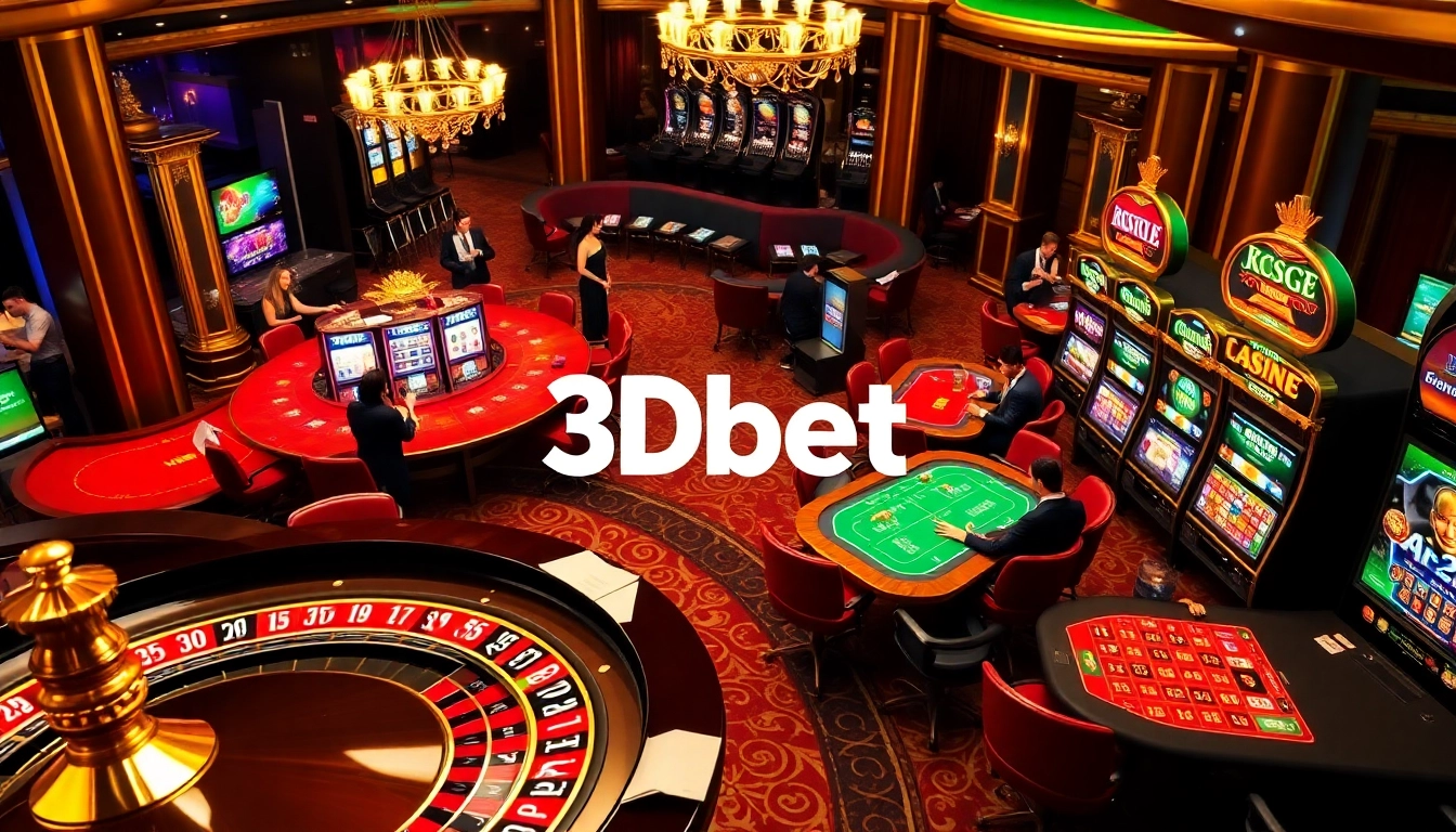 Experience the luxury of 3Dbet with vibrant casino elements like roulette and poker tables.