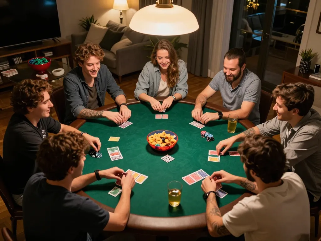 Engaged friends enjoying a kèo nhà cái poker night with vibrant atmosphere and strategic gameplay