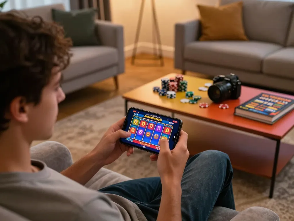 Pemain yang terlibat menikmati permainan slot pulsa di smartphone dalam suasana ruang tamu yang nyaman