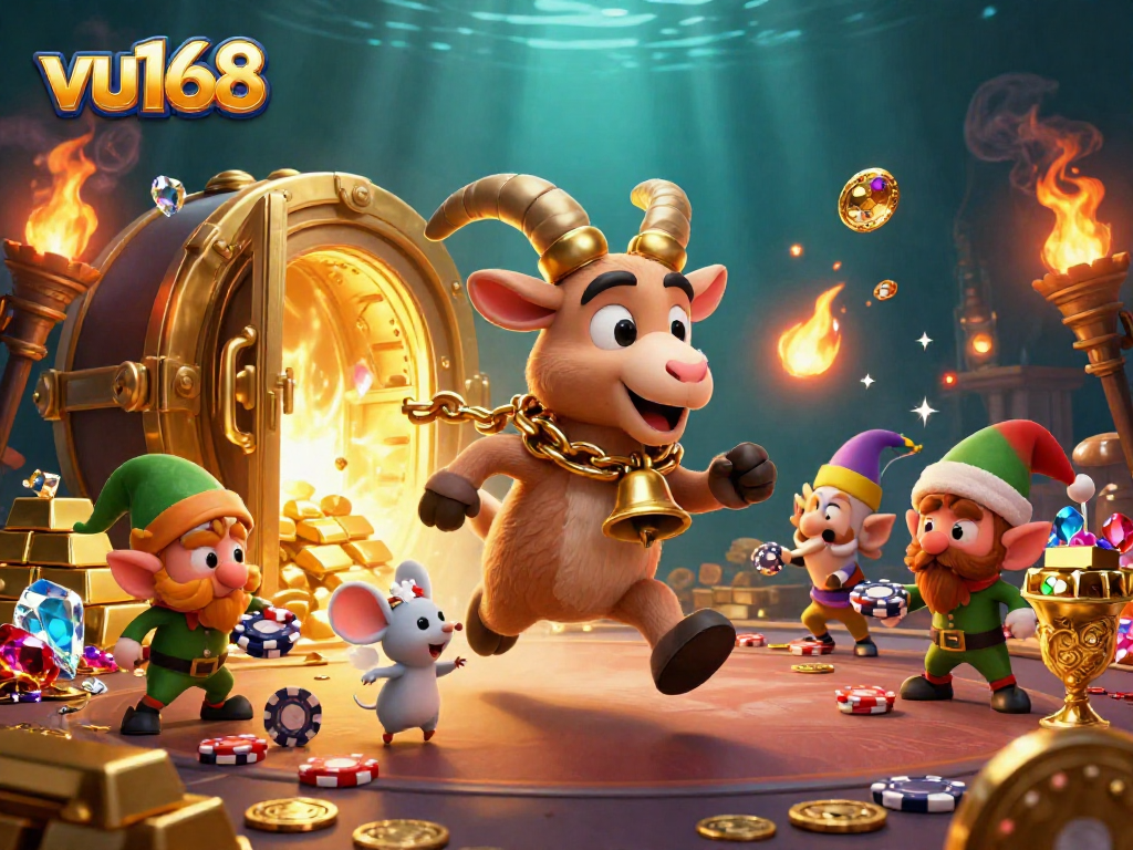 Bet big with vu168 at a vibrant holiday-horror casino with animated characters and treasures.