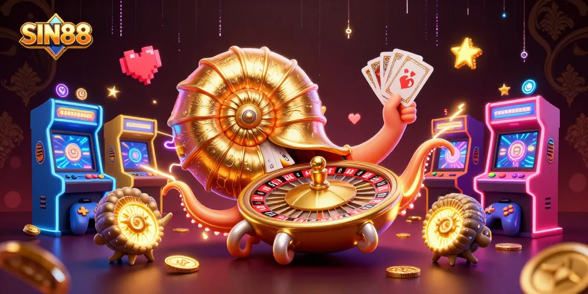 SIN88 showcases a vibrant 3D casino illustration of a giant nautilus roulette wheel amidst gaming elements.