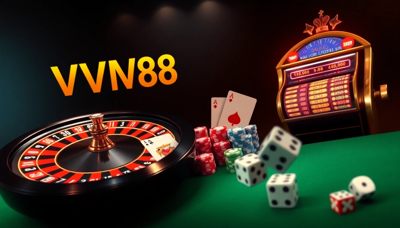 VM88 delivers thrilling casino action with spinning roulette wheel and vibrant poker chips