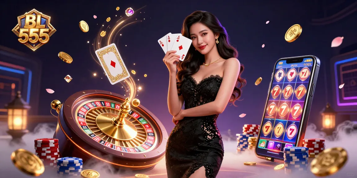 Experience thrilling wins at BL 555 with a stunning casino illustration featuring jackpot symbols and elegant designs.