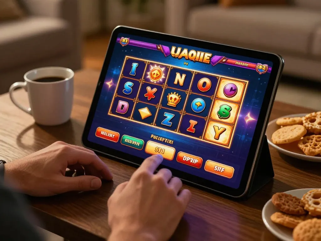 Engaged player experiencing thrilling slot depo 5k games on tablet in cozy home setting