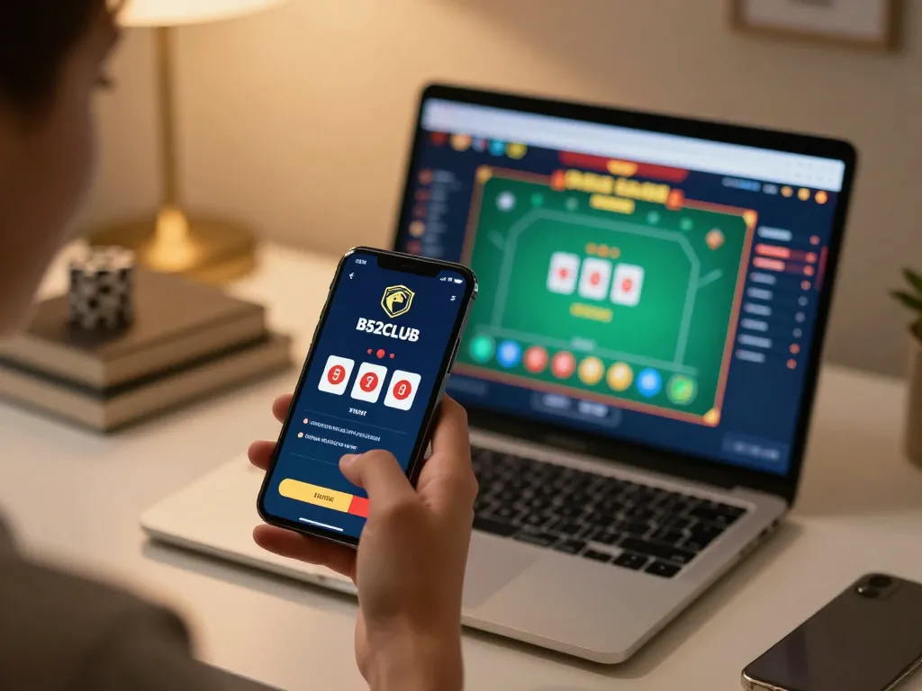B52CLUB player celebrating a win on smartphone during online gaming session at home