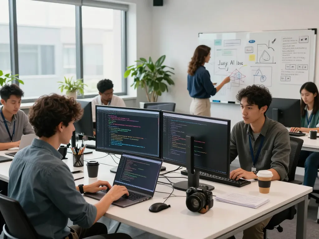 Team collaborating on juicy AI projects in a modern tech workspace with coding setups and brainstorming materials.
