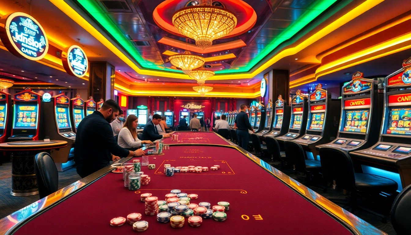 Experience idnslot gaming excitement at a vibrant casino table filled with colorful chips and illuminated slot machines.