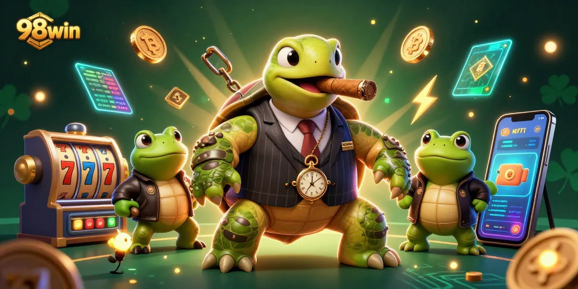 Experience thrilling gaming action with 98win’s vibrant casino scene featuring cartoon characters and neon crypto elements.