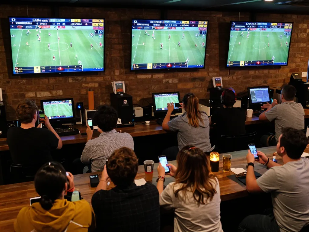 Fans engaging with Bsport sports betting app while monitoring live games and odds in an exciting sports bar setting.