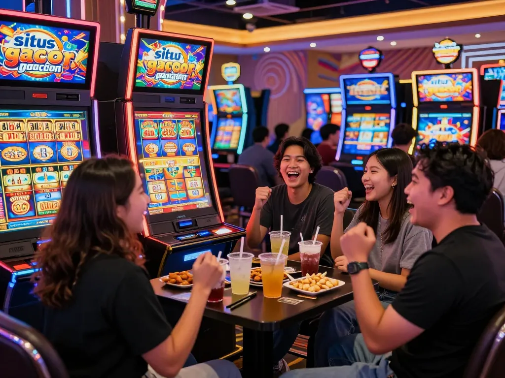 Situs slot gacor gaming excitement with friends celebrating victories in a vibrant casino atmosphere.