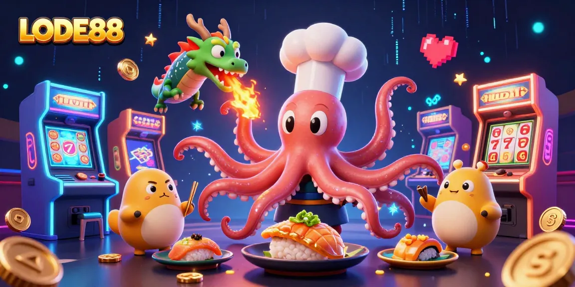 Play with LODE88's animated characters in a vibrant casino scene with winning slots!