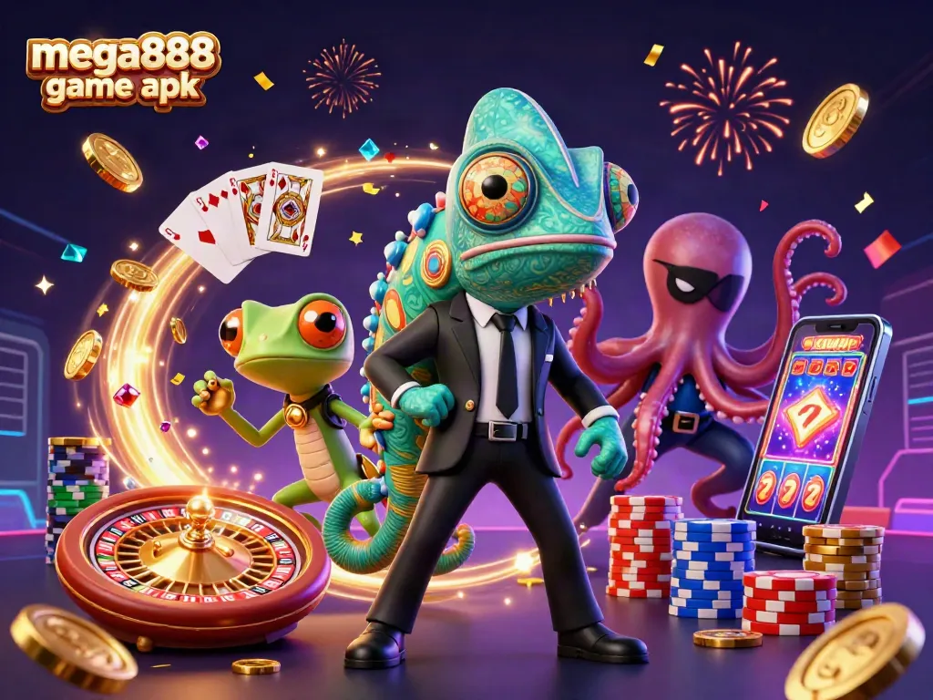 Engage with the mega888 game apk through this vibrant 3D casino scene featuring dynamic characters and elements.