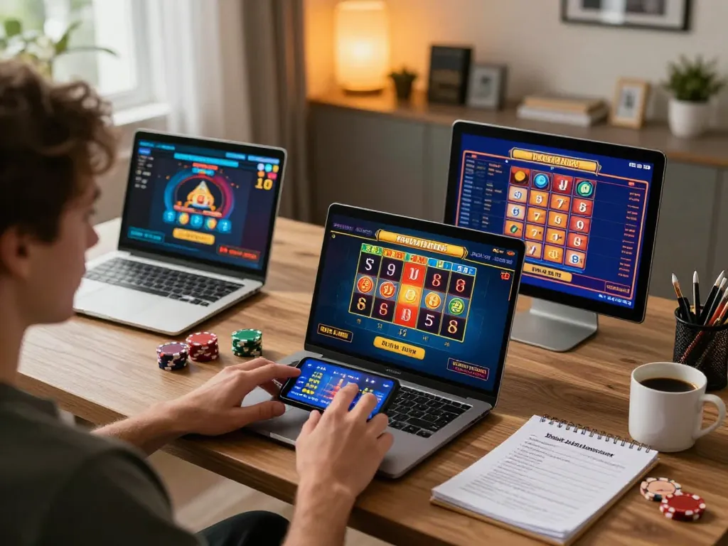 mm88 player engaging in online casino gaming from home with laptop and smartphone
