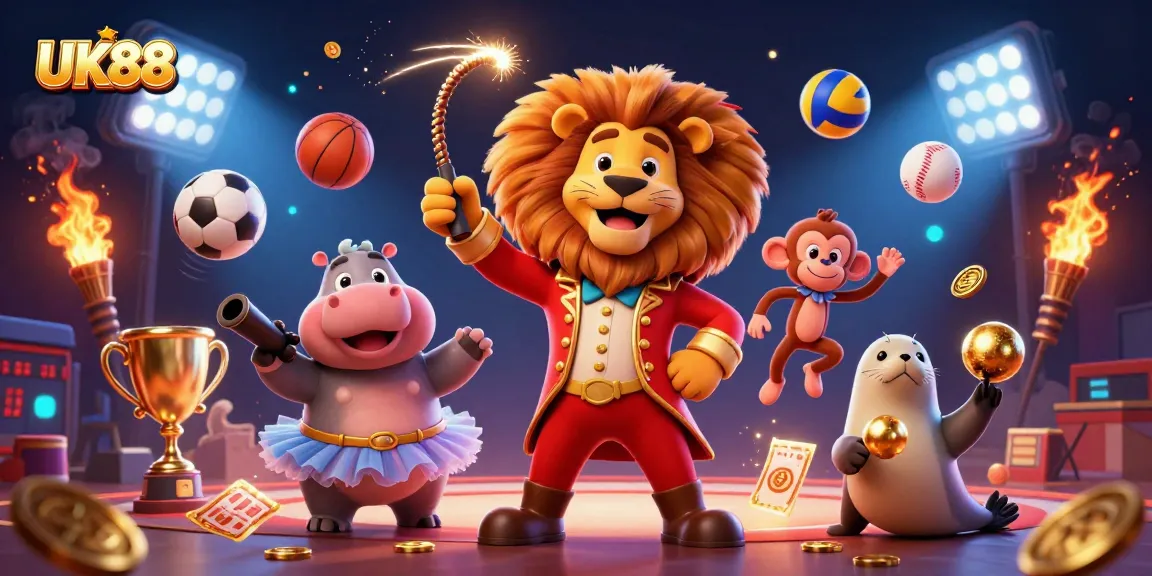 Engage with thrilling sports betting at UK88 featuring dynamic characters and elements emphasizing excitement in gaming.