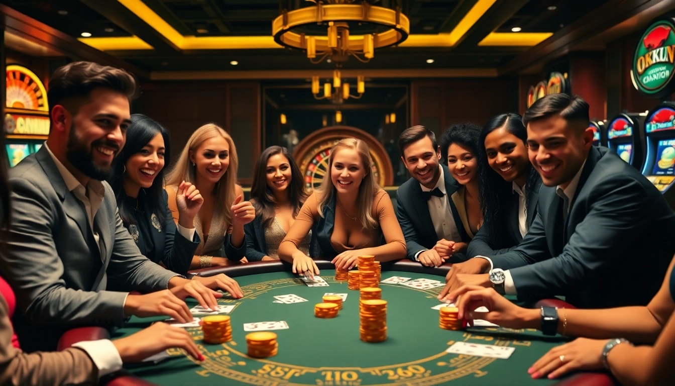 Players enjoying a thrilling poker game at OKFUN casino, showcasing excitement and strategy.