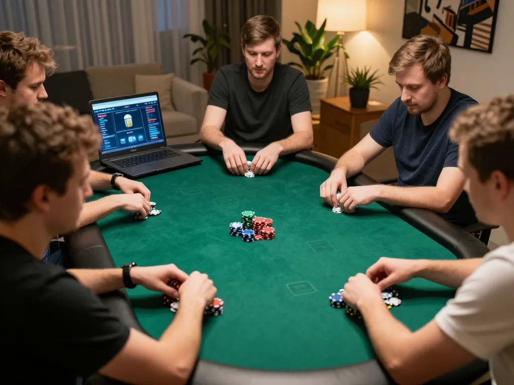 Engaging online poker game at home featuring nk88 with colorful chips and focused players
