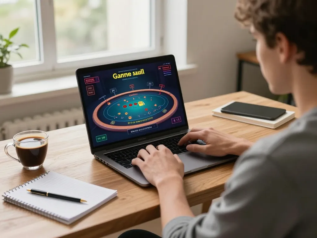 cm88 player engaging with live casino game on laptop, cozy home office setup with strategy notes