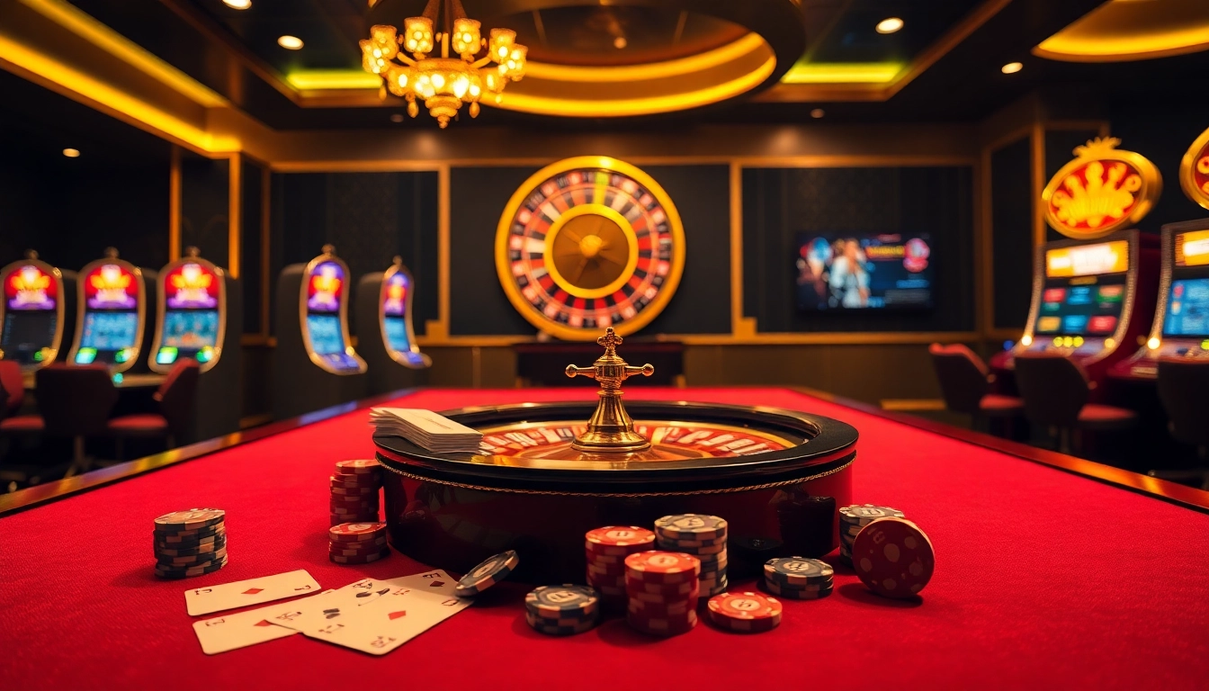 Exciting gambling scene showcasing nhà cái XX88's gaming experience with cards, chips, and lively ambiance.
