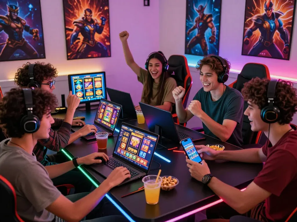 adegan permainan situs slot gacor dengan teman-teman yang menikmati permainan slot online dalam suasana yang hidup