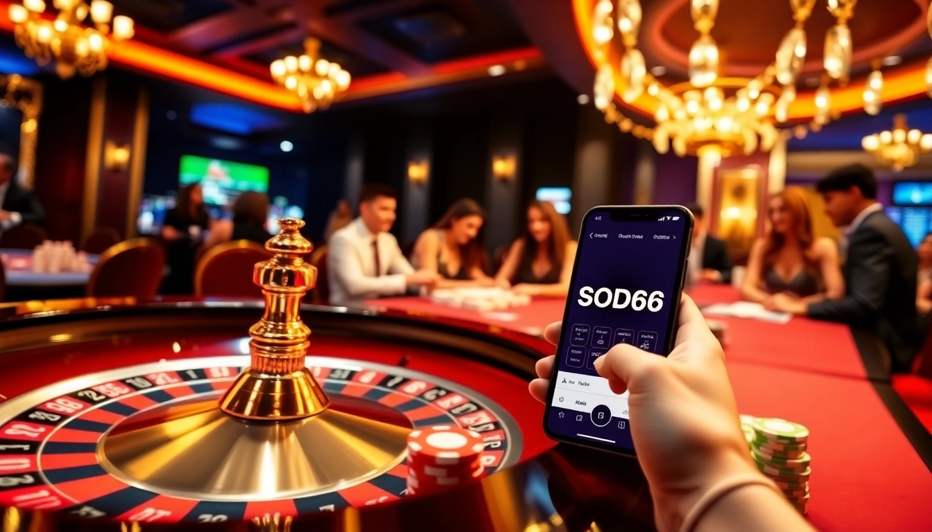 SODO66 app showcased in an exciting casino setting with poker chips and roulette wheels.