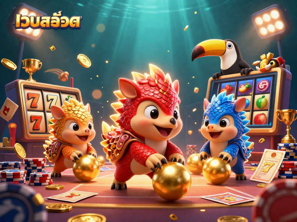 Experience exciting เว็บสล็อต action as rival pangolins roll through slot reels in a vibrant casino scene.
