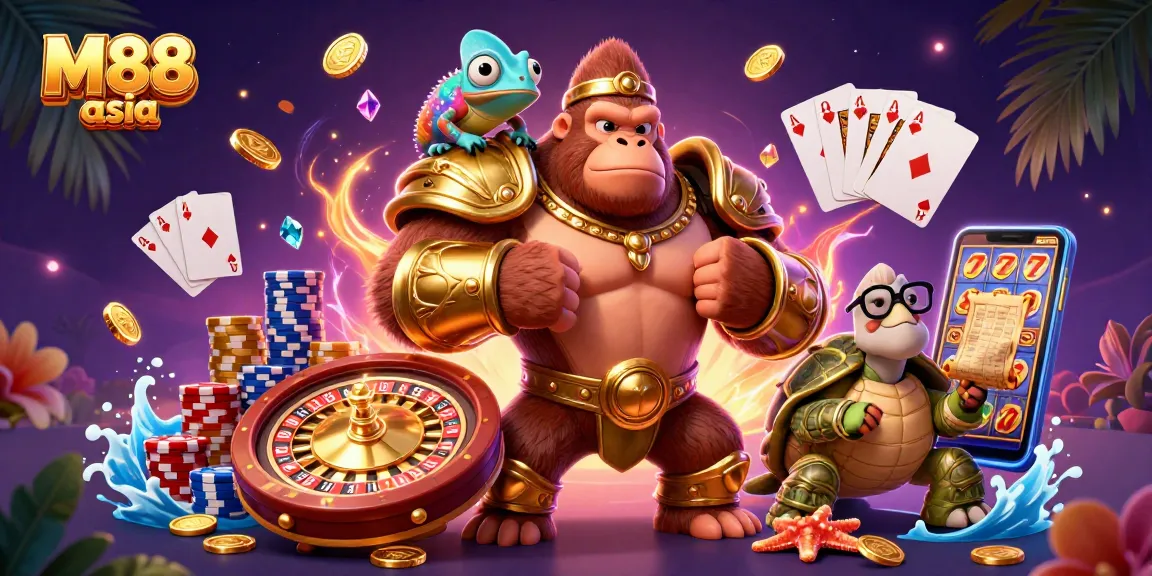 Spin to win exciting games at M88 asia, featuring vibrant characters and thrilling casino elements.