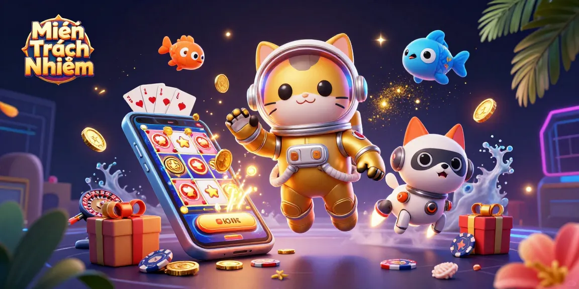 Play exciting casino games with Miễn Trách Nhiệm in this vibrant astronaut-themed illustration.
