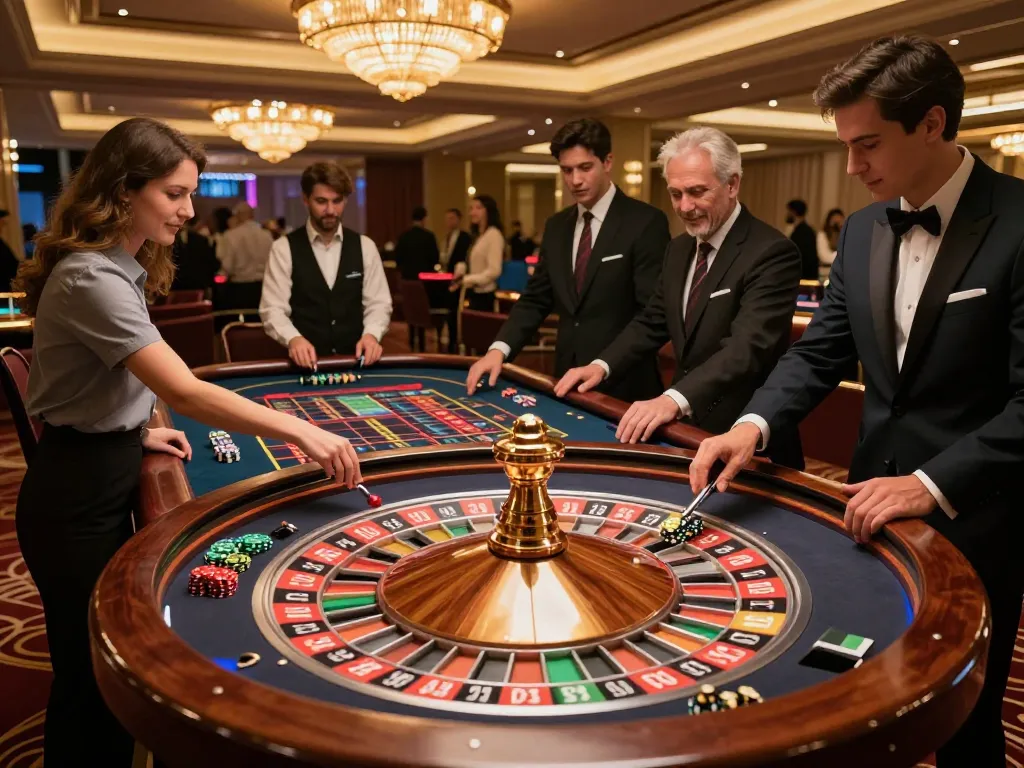 Witness dynamic gameplay at vk88's roulette table, where players engage in thrilling bets amidst a vibrant casino atmosphere.