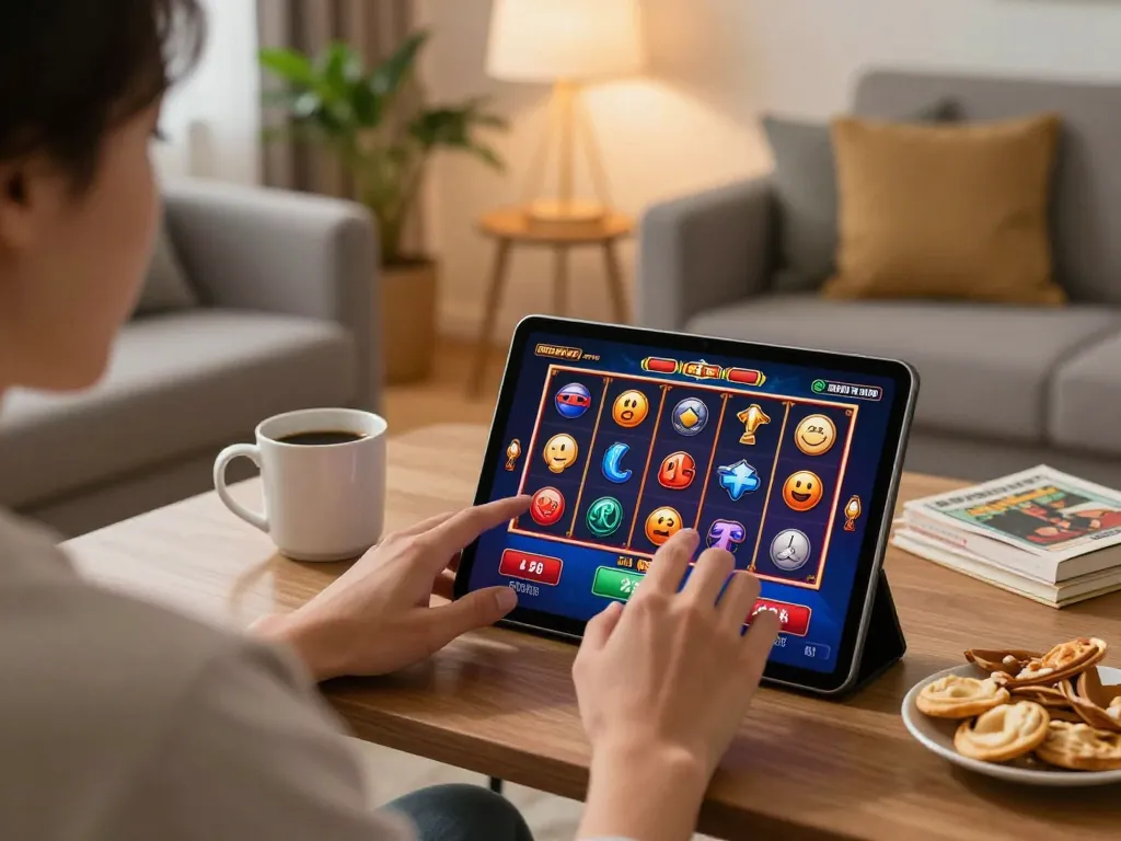 Engaging online gaming scene at home with slots on tablet from taixiusunwin.art, showcasing responsible entertainment.