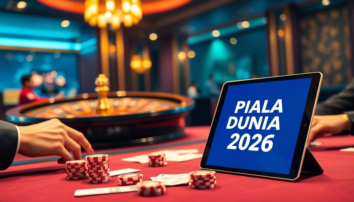 Engage in the thrill of Judi Piala Dunia with an exciting luxury casino scene showcasing poker chips and betting slips.