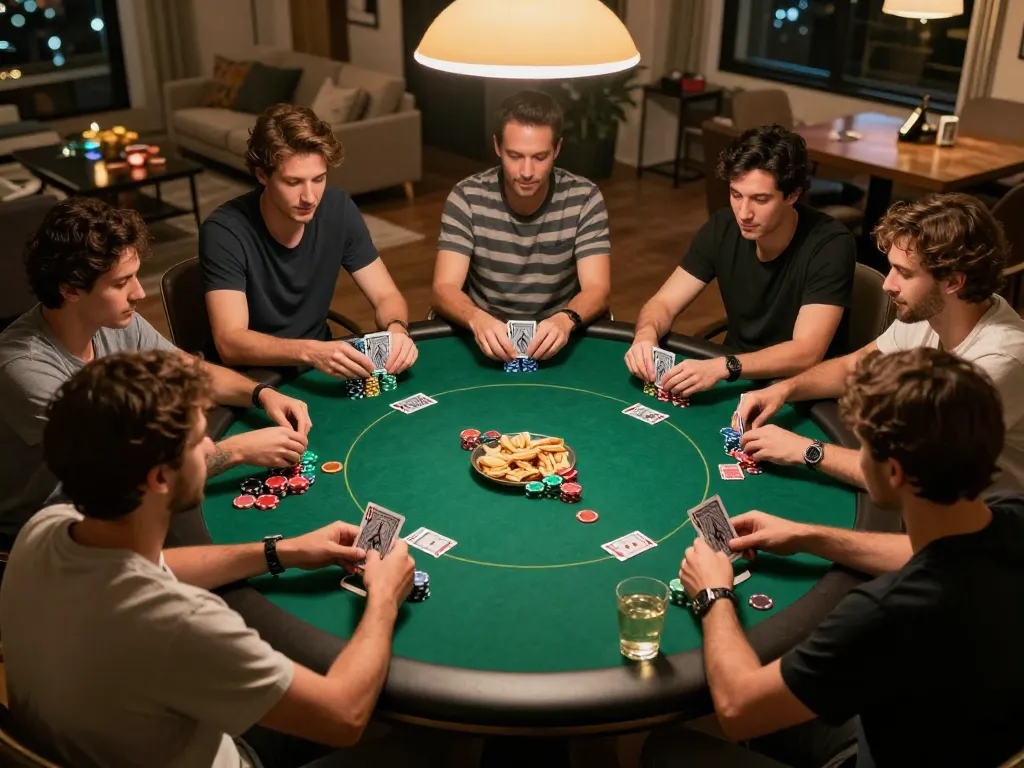 Friends enjoying a poker night at home, showcasing engaging gameplay at RR88 SELECT.
