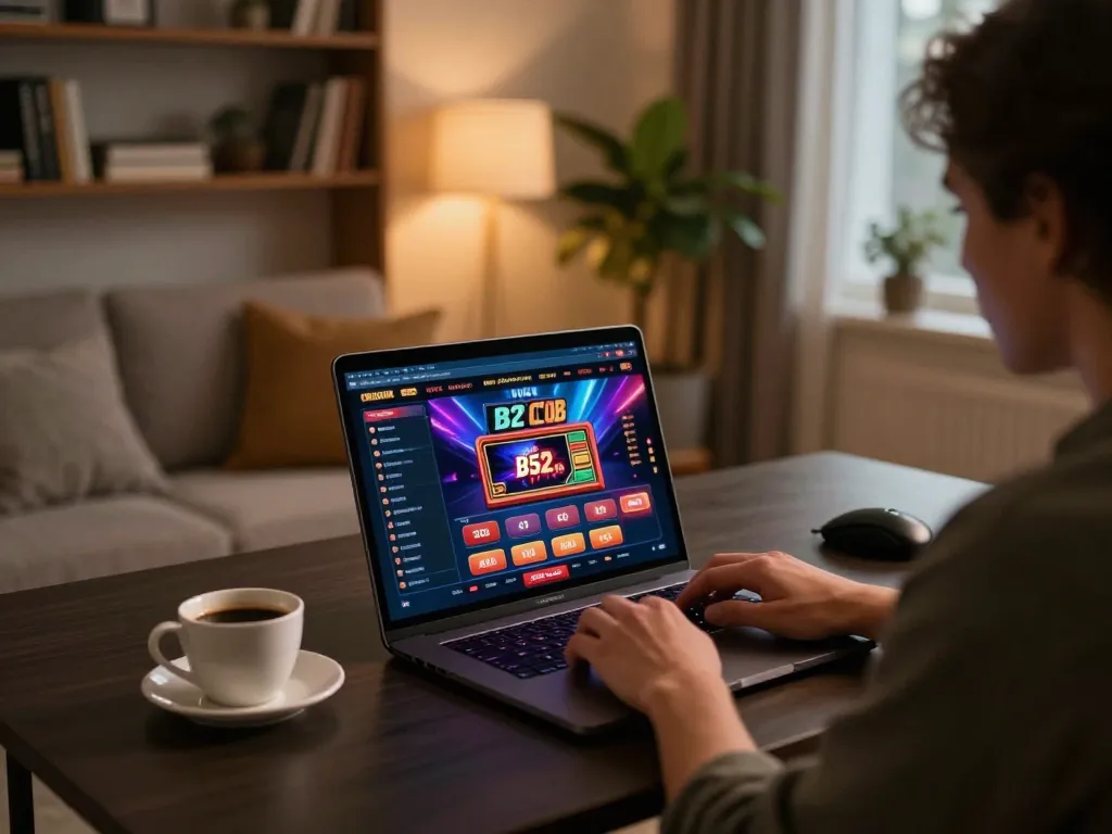 B52 CLUB online gaming setup with vibrant interface, showcasing engaged player strategies and cozy atmosphere