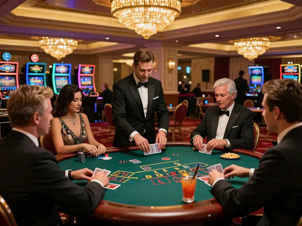 Players strategizing in a luxury sunwin blackjack game, high-stakes tension and vibrant atmosphere