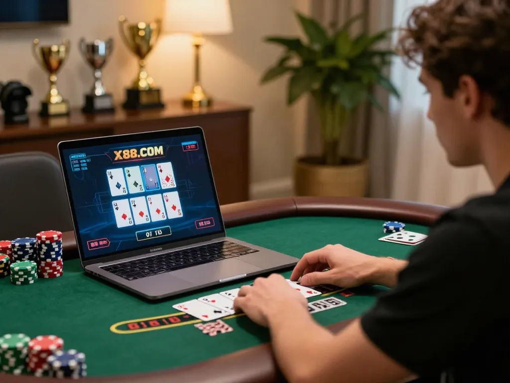 X88.COM player engaged in an exciting online blackjack game at home.